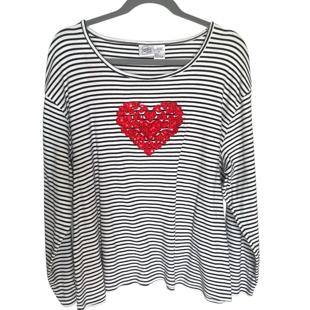 Peanut Butter & Jelly Womens 2X Striped Sequin Heart Long Sleeve Top Black White